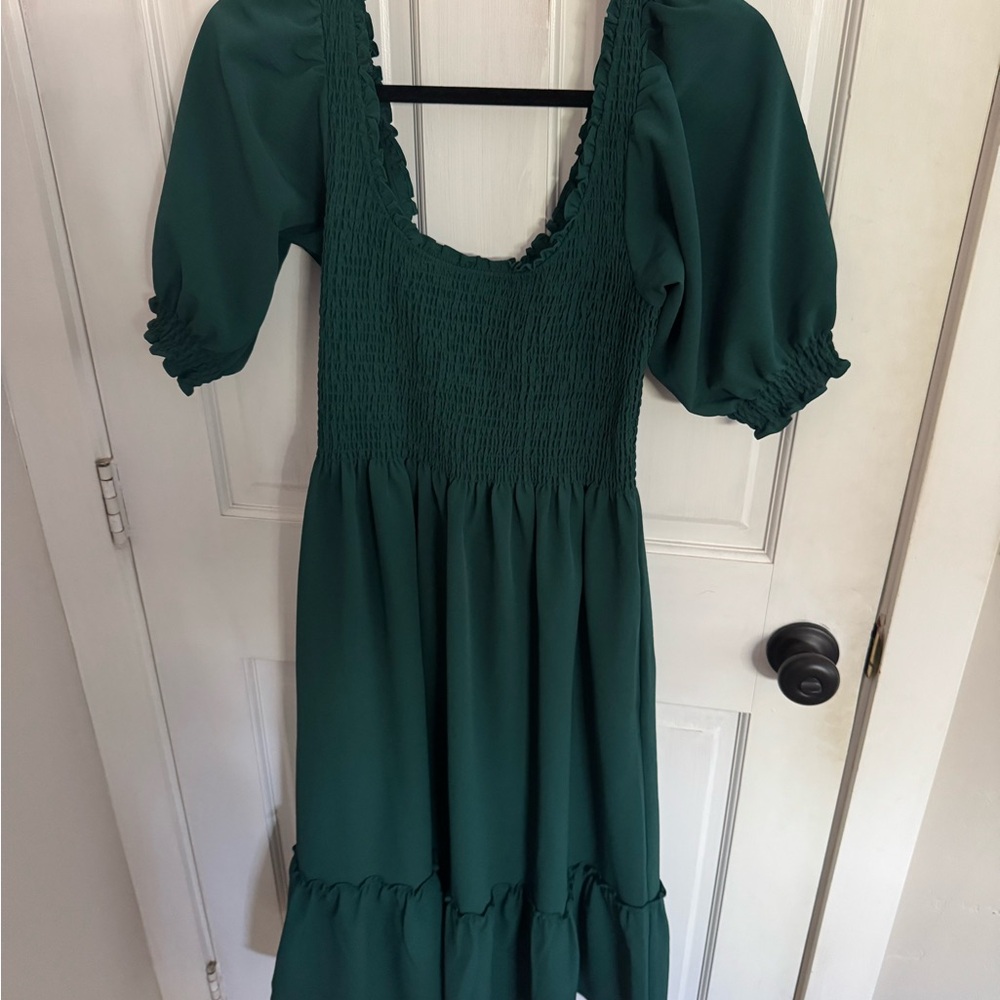 Hill House Emerald Green Midi Dress with Smocked Bodice and Puff Sleeves